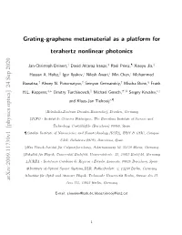 Grating-Graphene Metamaterial As a Platform for Terahertz Nonlinear Photonics