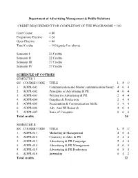 Department of Advertising Management & Public Relations CREDIT REQUIREMENT for COMPLETION of the PROGRAMME = 100 Core Course
