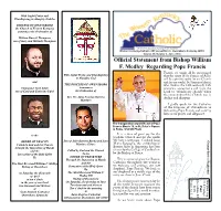 Official Statement from Bishop William F. Medley Regarding Pope Francis
