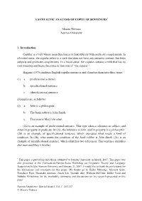 A Syntactic Analysis of Copular Sentences*