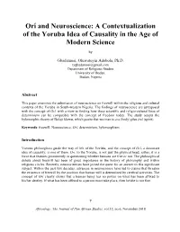 Orı́ and Neuroscience: a Contextualization of the Yoruba Idea of Causality in the Age of Modern Science