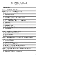 2018 MRA Rulebook Table of Contents