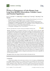 Decline in Transparency of Lake Hongze from Long-Term MODIS Observations: Possible Causes and Potential Signiﬁcance