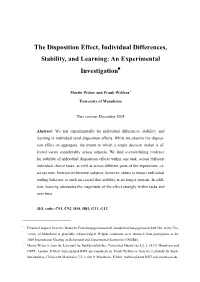 The Disposition Effect, Individual Differences, Stability, and Learning: an Experimental Investigation∗