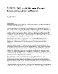 NEWFOUNDLAND: Between Colonial Paternalism and Self-Sufficiency