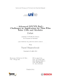 Advanced LPCVD Zno - Challenges in Application for Thin Film Solar Cells and Modules These`