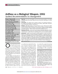 Anthrax As a Biological Weapon, 2002 Updated Recommendations for Management