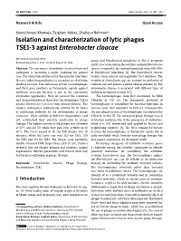 Isolation and Characterization of Lytic Phages TSE1-3 Against Enterobacter Cloacae