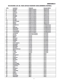Annexure-Iv State-Wise List of Post Office Passport Seva