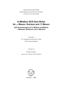 In-Medium QCD Sum Rules for Ω Meson, Nucleon and D Meson QCD-Summenregeln F ¨Ur Im Medium Modiﬁzierte Ω-Mesonen, Nukleonen Und D-Mesonen