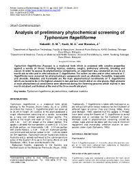 Analysis of Preliminary Phytochemical Screening of Typhonium Flagelliforme