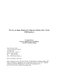 The Use of Alpine Habitats by Migratory Birds in B.C. Parks 1998 Summary