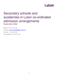 Secondary Schools and Academies in Luton Co-Ordinated Admission Arrangements September 2022