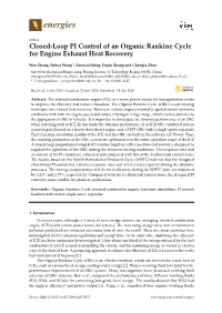 Closed-Loop PI Control of an Organic Rankine Cycle for Engine Exhaust Heat Recovery