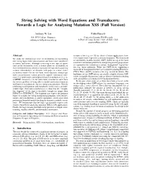 String Solving with Word Equations and Transducers: Towards a Logic for Analysing Mutation XSS (Full Version)