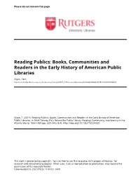 Reading Publics: Books, Communities and Readers in the Early History of American Public Libraries