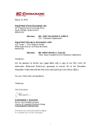 We Are Pleased to Furnish Your Good Office with a Copy of Our SEC Form 20 Information Statement Preliminary (Pursuant to Section