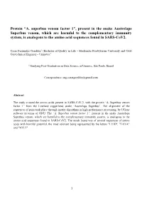 Present in the Snake Austrelaps Superbus Venom, Which Are Harmful to the Complementary Immunity System, Is Analogous to the Amino Acid Sequences Found in SARS-Cov2