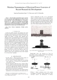 Wireless Transmission of Electrical Power Overview of Recent Research & Development