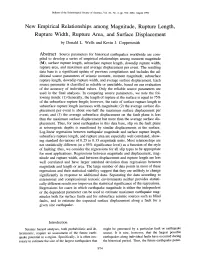 New Empirical Relationships Among Magnitude, Rupture Length, Rupture Width, Rupture Area, and Surface Displacement