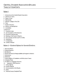 Central Student Association Bylaws Table of Contents