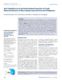 Anti-Staphylococcal and Antioxidant Properties of Crude Ethanolic Extracts of Macrofungi Collected from the Philippines