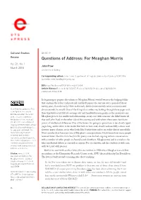 Questions of Address: for Meaghan Morris Vol