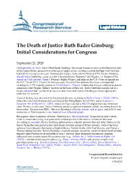 The Death of Justice Ruth Bader Ginsburg: Initial Considerations for Congress