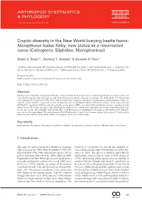 Cryptic Diversity in the New World Burying Beetle Fauna: Nicrophorus Hebes Kirby; New Status As a Resurrected Name (Coleoptera: Silphidae: Nicrophorinae)
