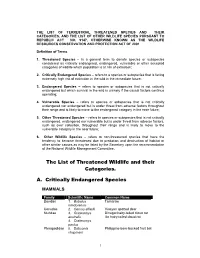 The List of Threatened Wildlife and Their Categories. A. Critically