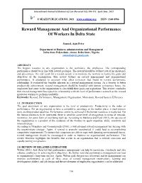 Reward Management and Organizational Performance of Workers in Delta State