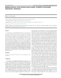 Mating Behavior of the Persian Boxer Mantid, Holaptilon Brevipugilis (Mantodea: Mantidae)