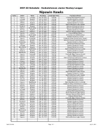 Nipawin Hawks Game Visitor Home Start Date Local Start Time City (Venue Name) 1 Nipawin La Ronge Sep