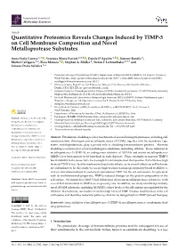 Quantitative Proteomics Reveals Changes Induced by TIMP-3 on Cell Membrane Composition and Novel Metalloprotease Substrates