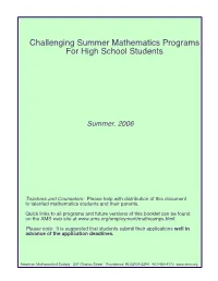 Challenging Summer Mathematics Programs for High School Students
