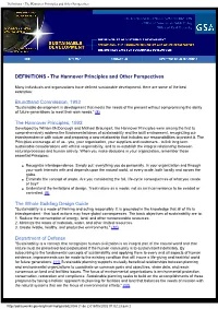 Definitions - the Hannover Principles and Other Perspectives