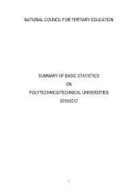 National Council for Tertiary Education Summary of Basic Statistics On