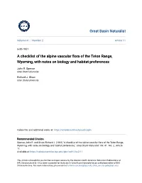 A Checklist of the Alpine Vascular Flora of the Teton Range, Wyoming, with Notes on Biology and Habitat Preferences