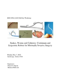 Snakes, Worms and Catheters: Continuum and Serpentine Robots for Minimally Invasive Surgery