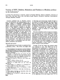 Toxicity of DDT, Dieldrin, Malathion and Fenthion to Rhodnius Prolixus in the Laboratory * by IRVING Fox and ILEANA G