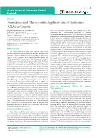 Functions and Therapeutic Applications of Antisense Rnas in Cancer