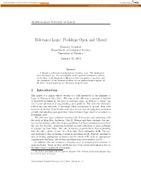 Relevance Logic: Problems Open and Closed