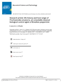 Research Article: Life History and Host Range of Prochoerodes Onustaria, an Unsuitable Classical Biological Control Agent of Brazilian Peppertree