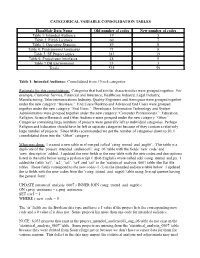 Categorical Variable Consolidation Tables