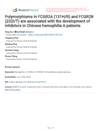 Polymorphisms in FCGR2A (131H/R) and FCGR2B (232I/T) Are Associated with the Development of Inhibitors in Chinese Hemophilia a Patients