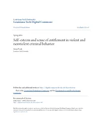 Self -Esteem and Sense of Entitlement in Violent and Nonviolent Criminal Behavior Susan Frank Louisiana Tech University