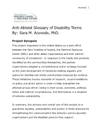 Anti-Ableist Glossary of Disability Terms By: Sara M. Acevedo, Phd
