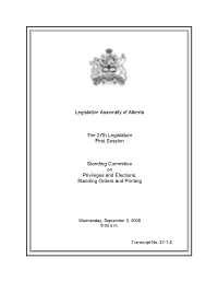 Legislative Assembly of Alberta the 27Th Legislature First Session