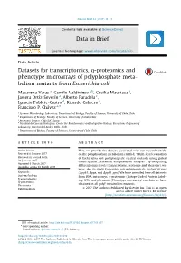 Datasets for Transcriptomics, Q-Proteomics and Phenotype Microarrays of Polyphosphate Meta- Bolism Mutants from Escherichia Coli