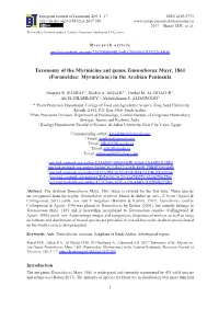 Taxonomy of the Myrmicine Ant Genus Temnothorax Mayr, 1861 (Formicidae: Myrmicinae) in the Arabian Peninsula
